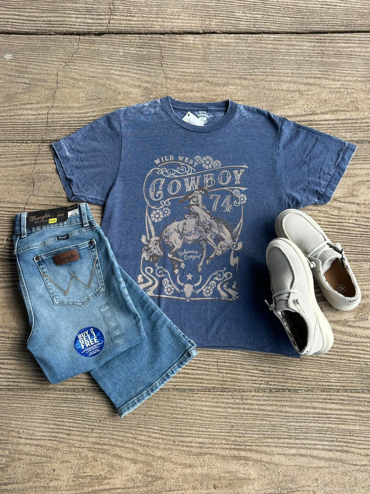 Bohemian Cowgirl Blue Burnout Cowboy's 74 Crop Tee