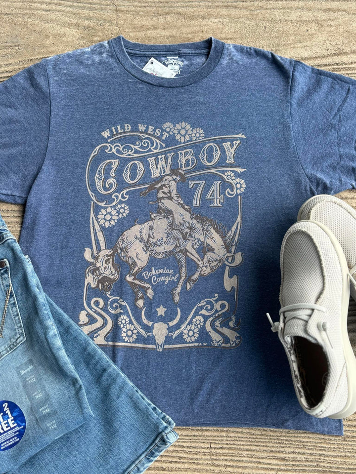 Bohemian Cowgirl Blue Burnout Cowboy's 74 Crop Tee