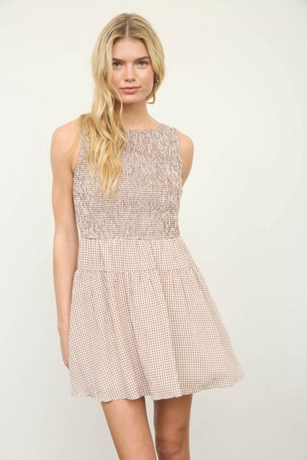 Blu Pepper Women's Brown Gingham Smocked Mini Dress