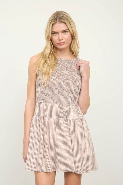 Blu Pepper Women's Brown Gingham Smocked Mini Dress