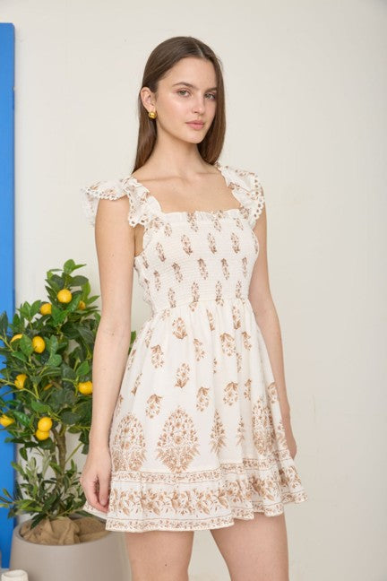 Blu Pepper Women's Light Brown Floral Border Smocked Mini Dress