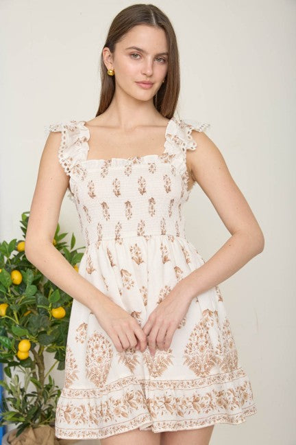 Blu Pepper Women's Light Brown Floral Border Smocked Mini Dress