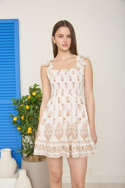 Blu Pepper Women's Light Brown Floral Border Smocked Mini Dress