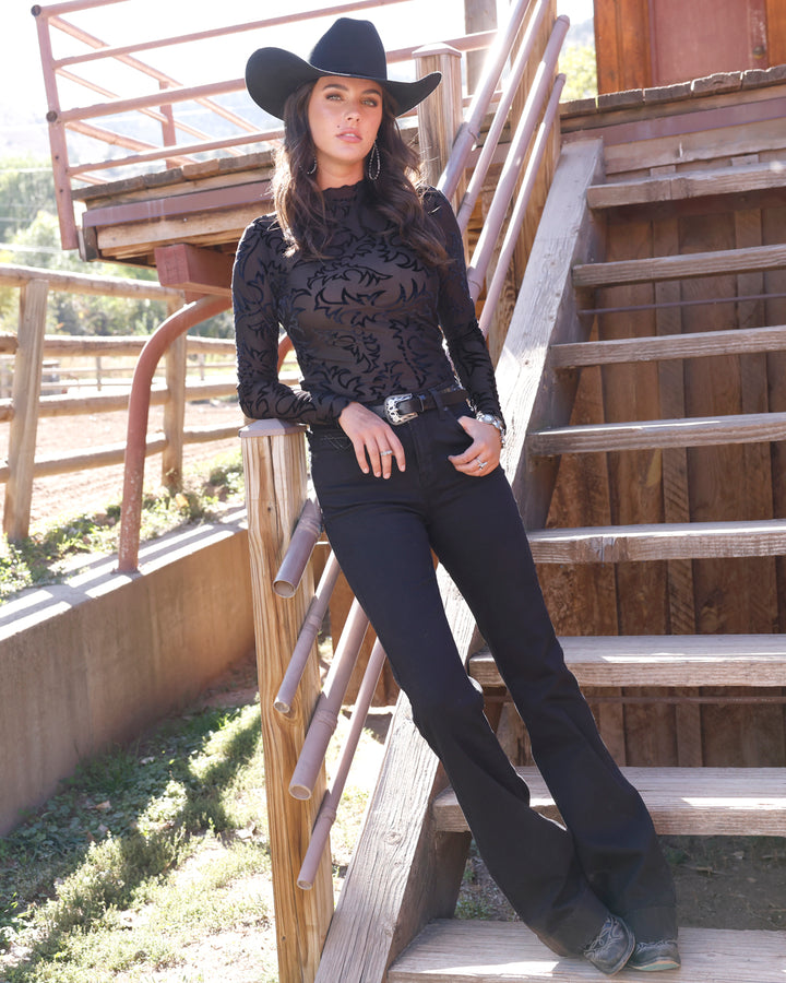 Cruel Women's Black Burnout Velvet Long Sleeve Top