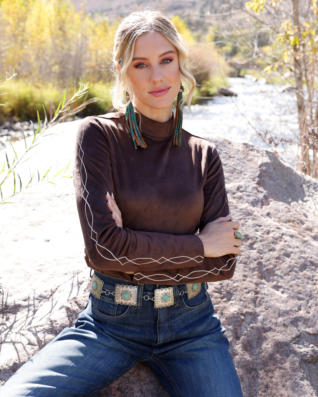 Cruel Women's Brown Stretch Faux Suede Long Sleeve Top