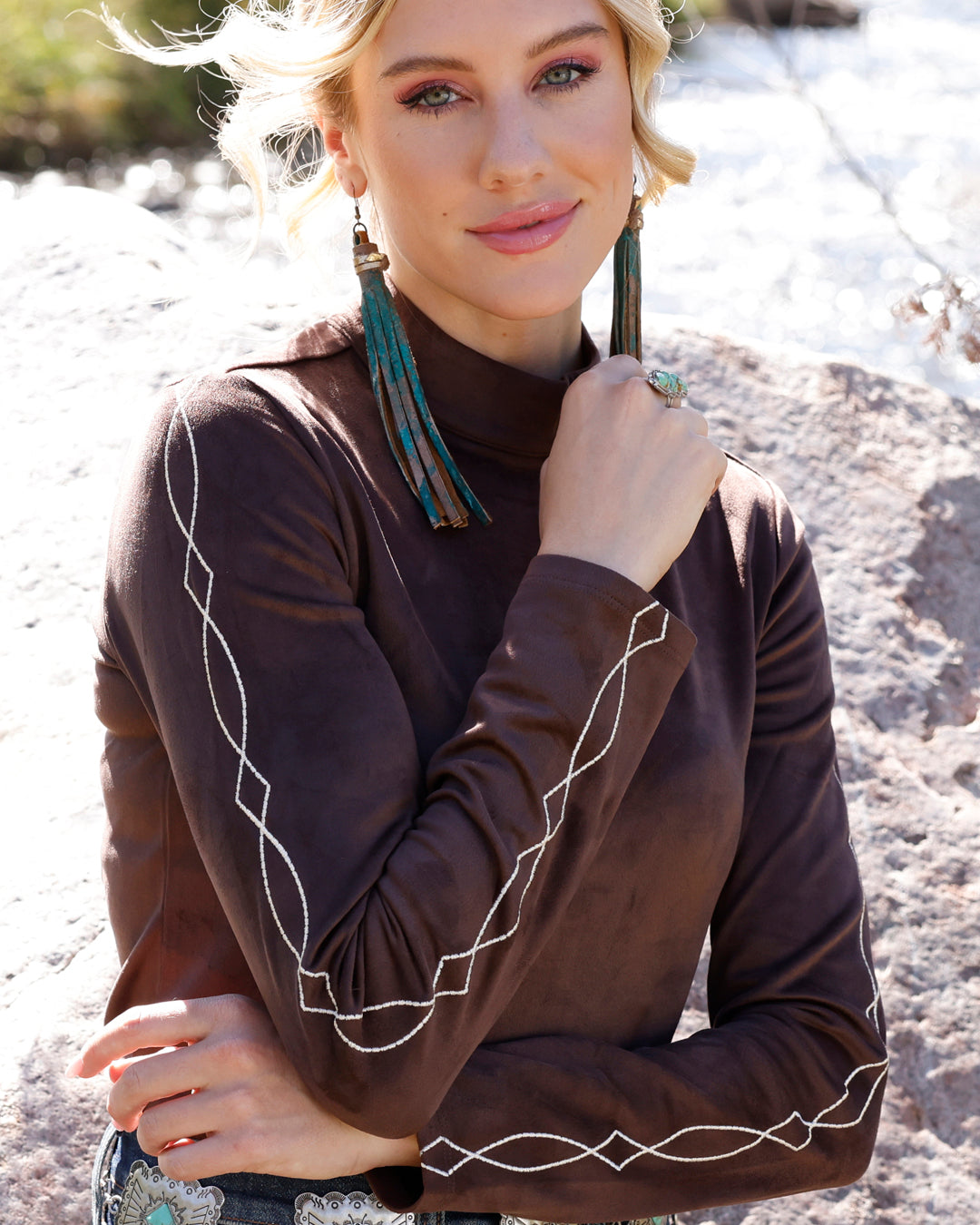 Cruel Women's Brown Stretch Faux Suede Long Sleeve Top