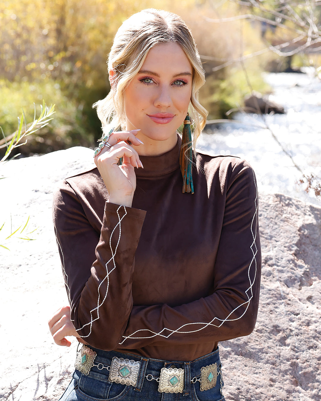 Cruel Women's Brown Stretch Faux Suede Long Sleeve Top