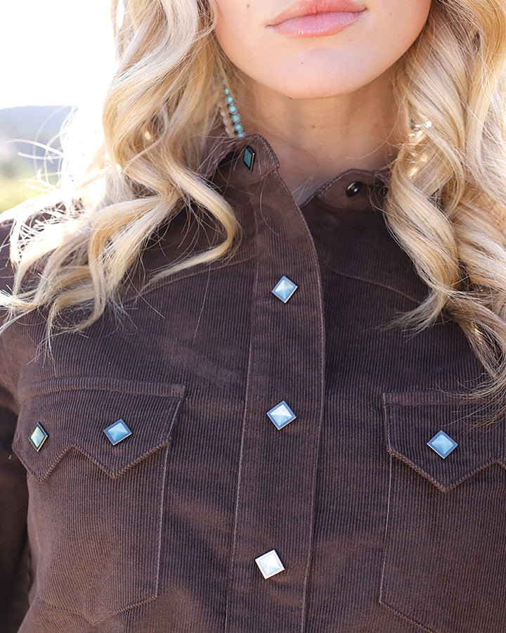 Brown corduroy Western snap shirt for women by Cruel, featuring a classic Western style with snap buttons and long sleeves.