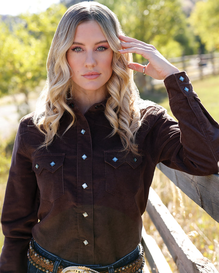 Cruel women's brown corduroy western snap shirt featuring classic Western styling and button details.