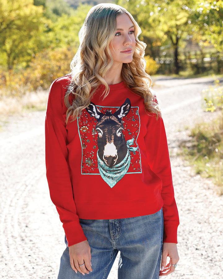 Red Donkey Crewneck Sweatshirt for women by Cruel, featuring a Western-inspired design and comfortable fit.