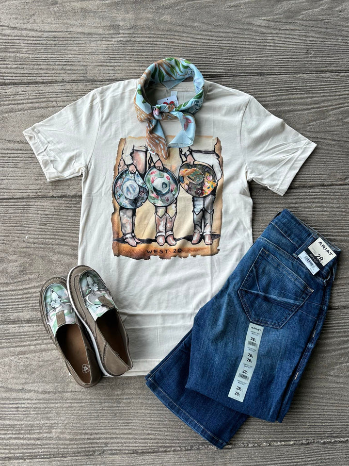 West 20 Soft Cream Cowgirls and Cowboy Hats Tee