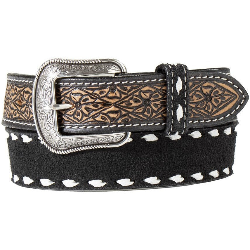 3D Western Black Roughout Leather Belt with White Buckstitch