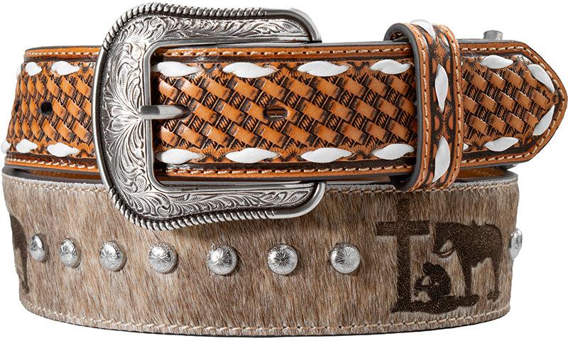 3D Belts Brindle Calf Hair with Cowboy Prayer Motif Leather Belt - West 20 Saddle Co.