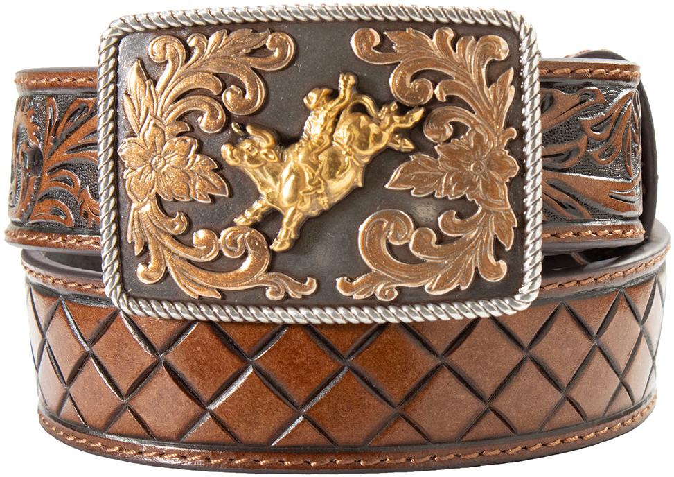 3D Belts Kid's Basket Weave Belt with Floral Billets and Bull Rider Buckle - West 20 Saddle Co.