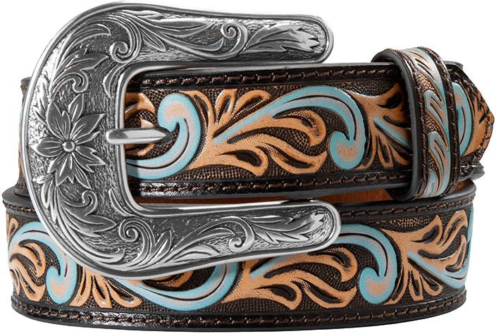 Angel Ranch Girl's Black with Blue and Tan Scrolling Accent Leather Belt - West 20 Saddle Co.