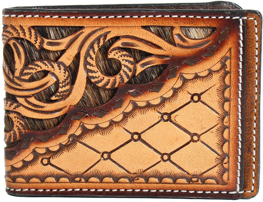 3D Leather Calf Hair Hand Tooled Overlaid Bifold Wallet