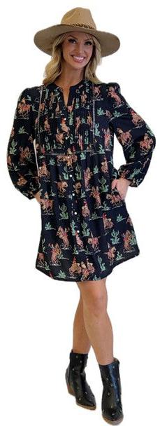 Fashion Express Women's Black Western Print Dress