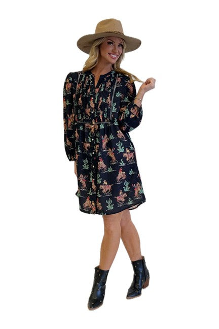 Fashion Express Women's Black Western Print Dress