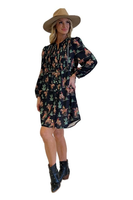 Fashion Express Women's Black Western Print Dress