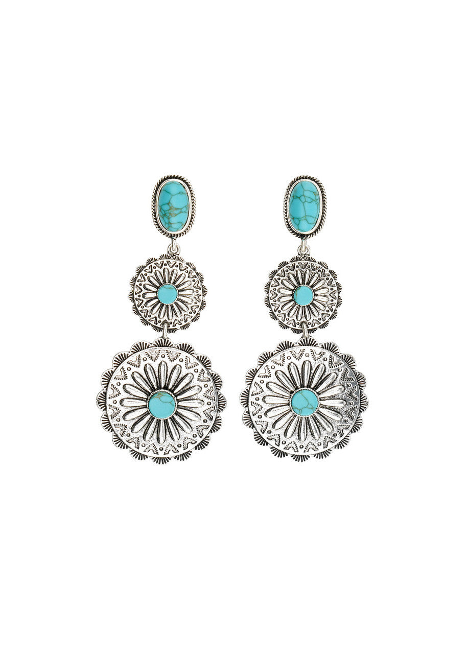 West and Co 3 Tier Silver and Turquoise Concho Earrings