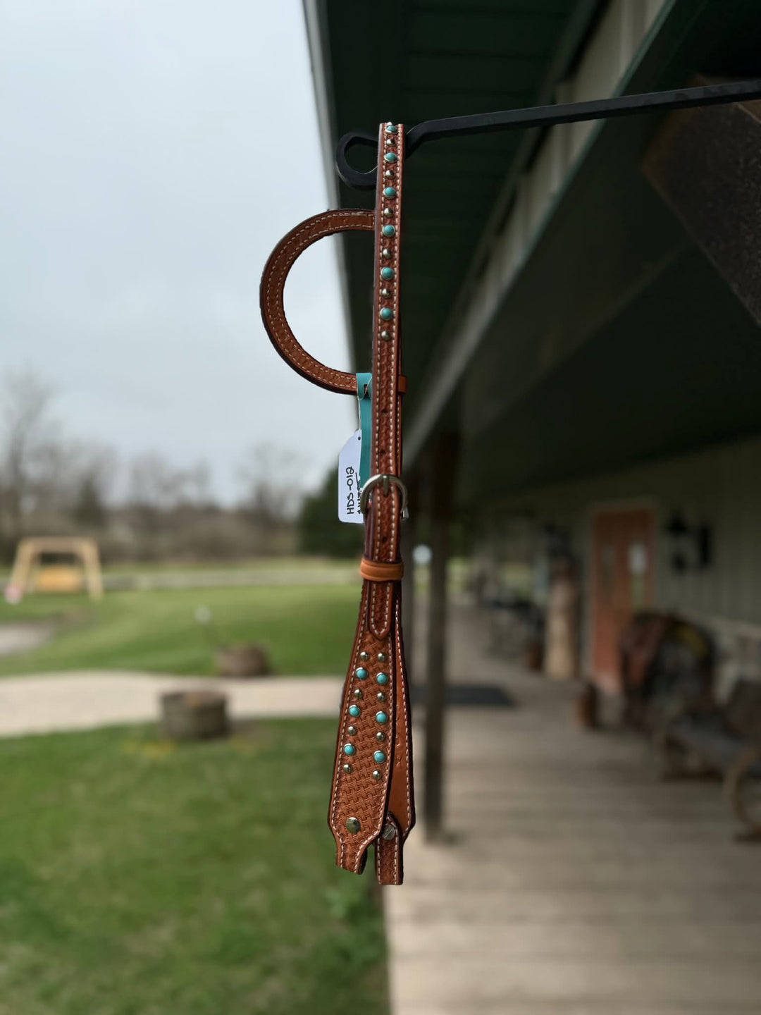 Dutton Bits Medium Oiled Basket Stamp Flat Ear Headstall with Turquoise Dots