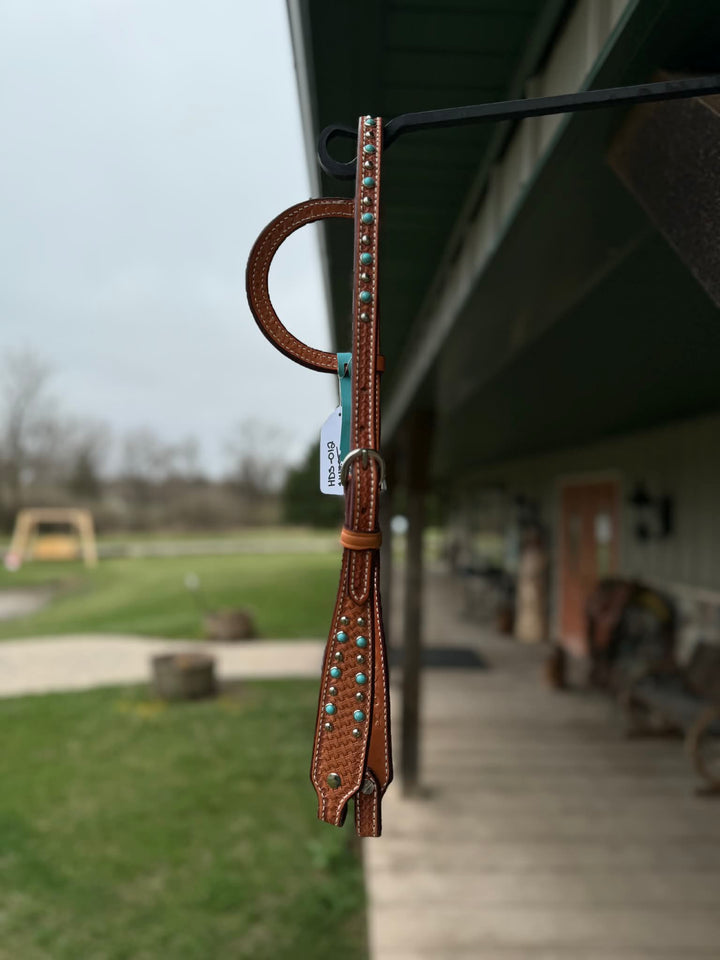 Dutton Bits Medium Oiled Basket Stamp Flat Ear Headstall with Turquoise Dots