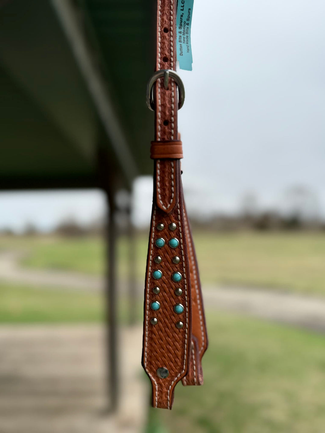 Dutton Bits Medium Oiled Basket Stamp Flat Ear Headstall with Turquoise Dots
