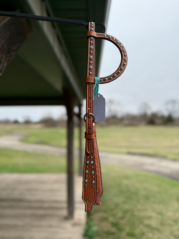 Dutton Bits Medium Oiled Basket Stamp Flat Ear Headstall with Turquoise Dots