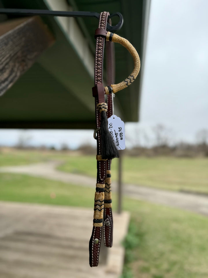 Dutton Bits Dark Oiled Basket Stamp Slip Ear Headstall with Black Rawhide Accents