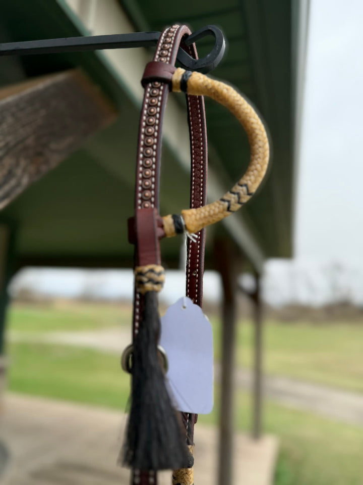 Dutton Bits Dark Oiled Basket Stamp Slip Ear Headstall with Black Rawhide Accents