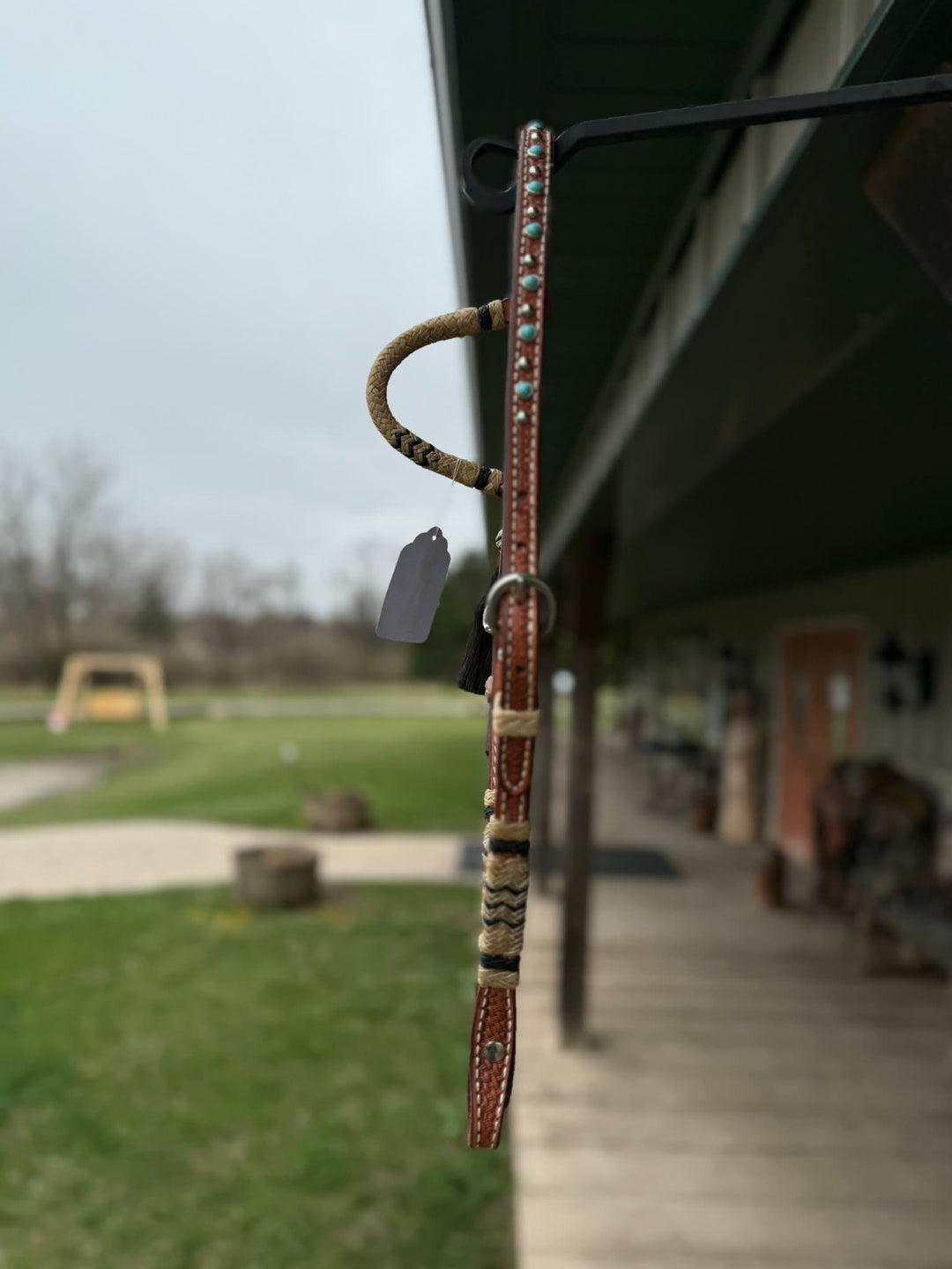 Dutton Bits Medium Oiled Basket Stamp Slip Ear Headstall with Black Rawhide Accents