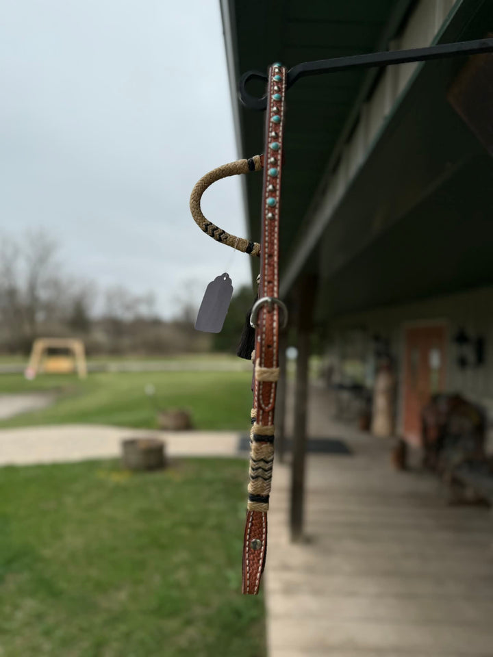 Dutton Bits Medium Oiled Basket Stamp Slip Ear Headstall with Black Rawhide Accents