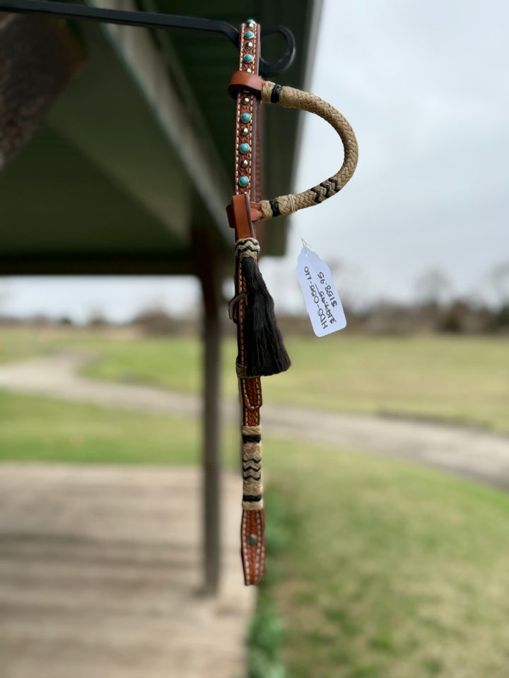 Dutton Bits Medium Oiled Basket Stamp Slip Ear Headstall with Black Rawhide Accents