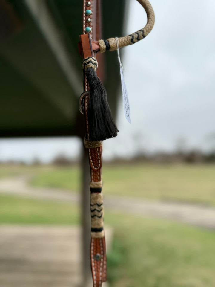 Dutton Bits Medium Oiled Basket Stamp Slip Ear Headstall with Black Rawhide Accents