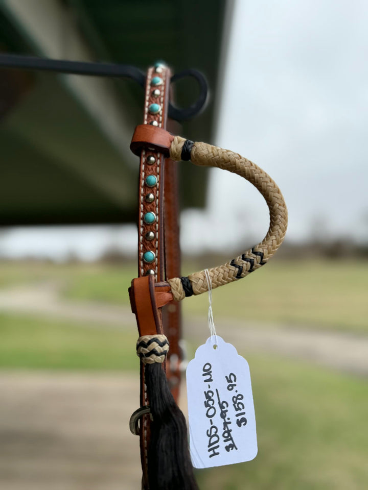 Dutton Bits Medium Oiled Basket Stamp Slip Ear Headstall with Black Rawhide Accents
