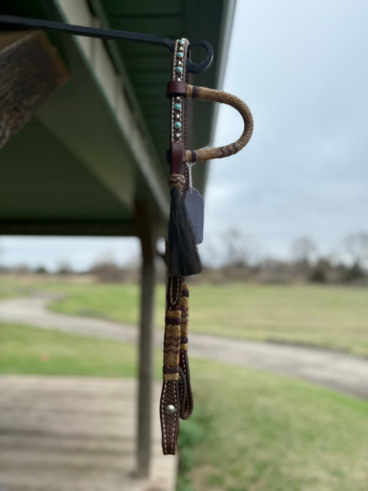 Dutton Bits Slip Ear Headstall with Basket Stamp and Red Rawhide Accents