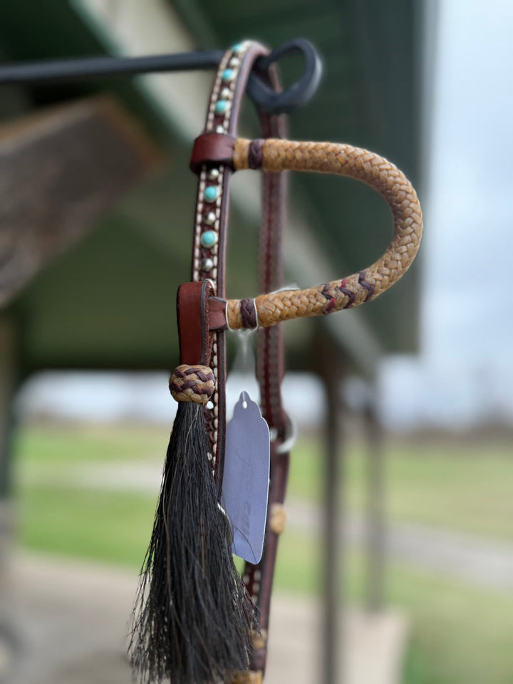 Dutton Bits Slip Ear Headstall with Basket Stamp and Red Rawhide Accents