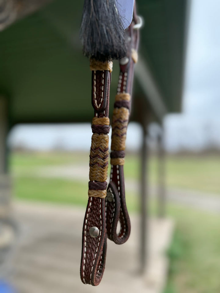 Dutton Bits Slip Ear Headstall with Basket Stamp and Red Rawhide Accents