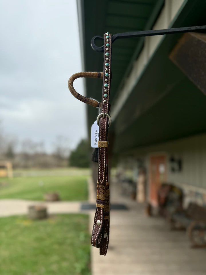 Dutton Bits Slip Ear Headstall with Basket Stamp and Red Rawhide Accents