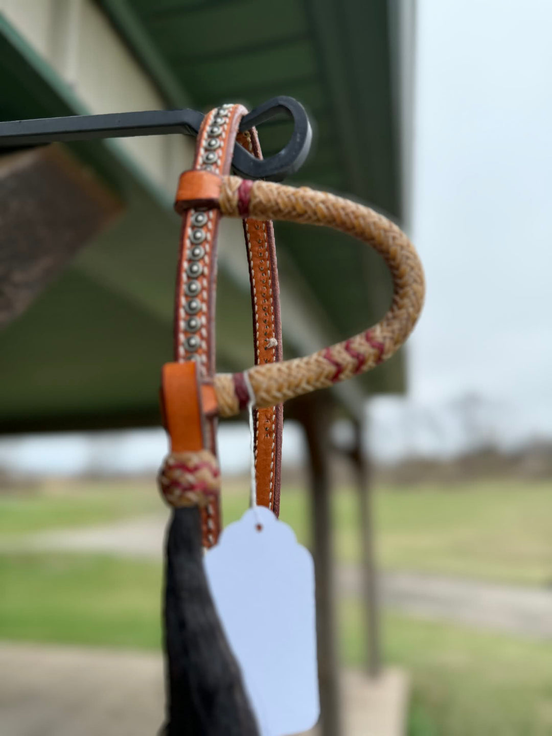 Dutton Bits Medium Oiled Basket Stamp Slip Ear Headstall with Red Rawhide Accents