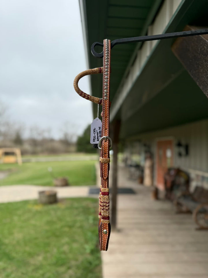 Dutton Bits Medium Oiled Basket Stamp Slip Ear Headstall with Red Rawhide Accents