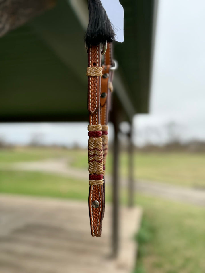 Dutton Bits Medium Oiled Basket Stamp Slip Ear Headstall with Red Rawhide Accents