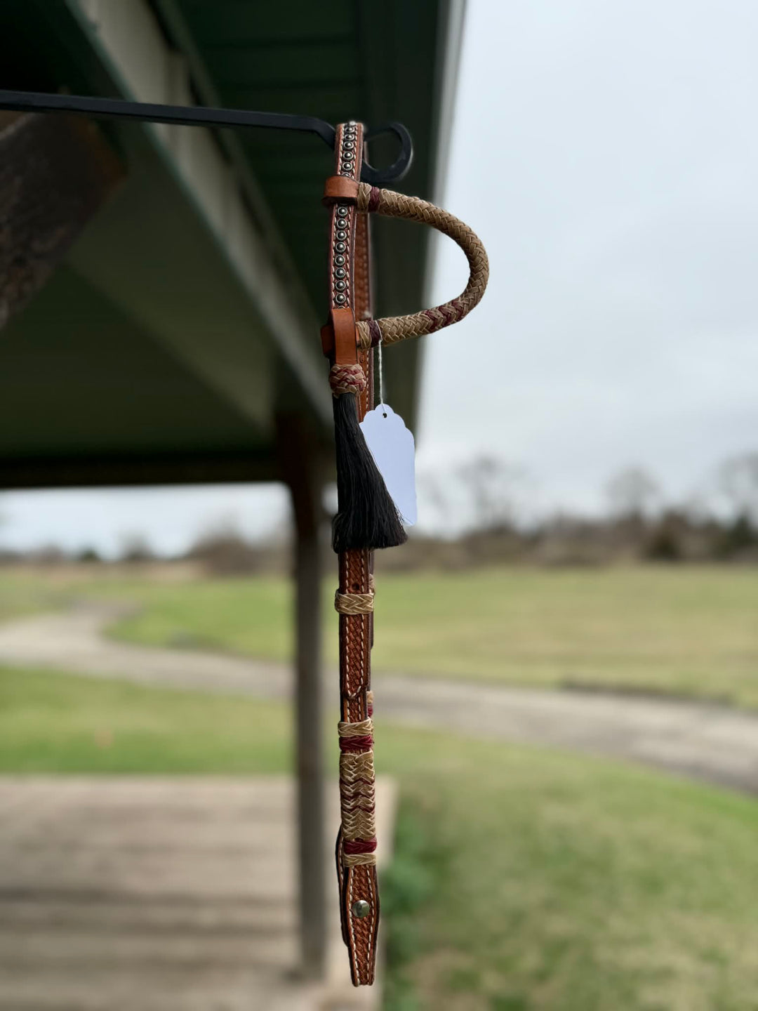 Dutton Bits Medium Oiled Basket Stamp Slip Ear Headstall with Red Rawhide Accents