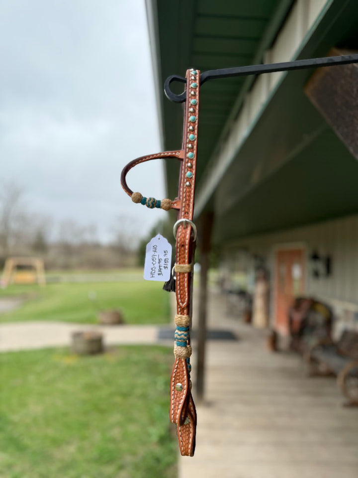 Dutton Bits Medium Oiled Basket Stamp Slip Ear Headstall with Turquoise Rawhide Knot Accents