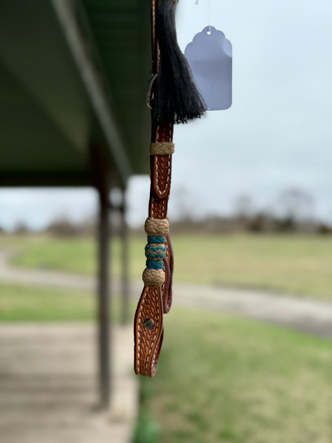 Dutton Bits Medium Oiled Basket Stamp Slip Ear Headstall with Turquoise Rawhide Knot Accents