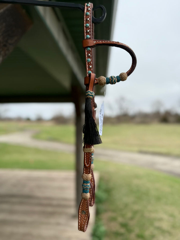 Dutton Bits Medium Oiled Basket Stamp Slip Ear Headstall with Turquoise Rawhide Knot Accents