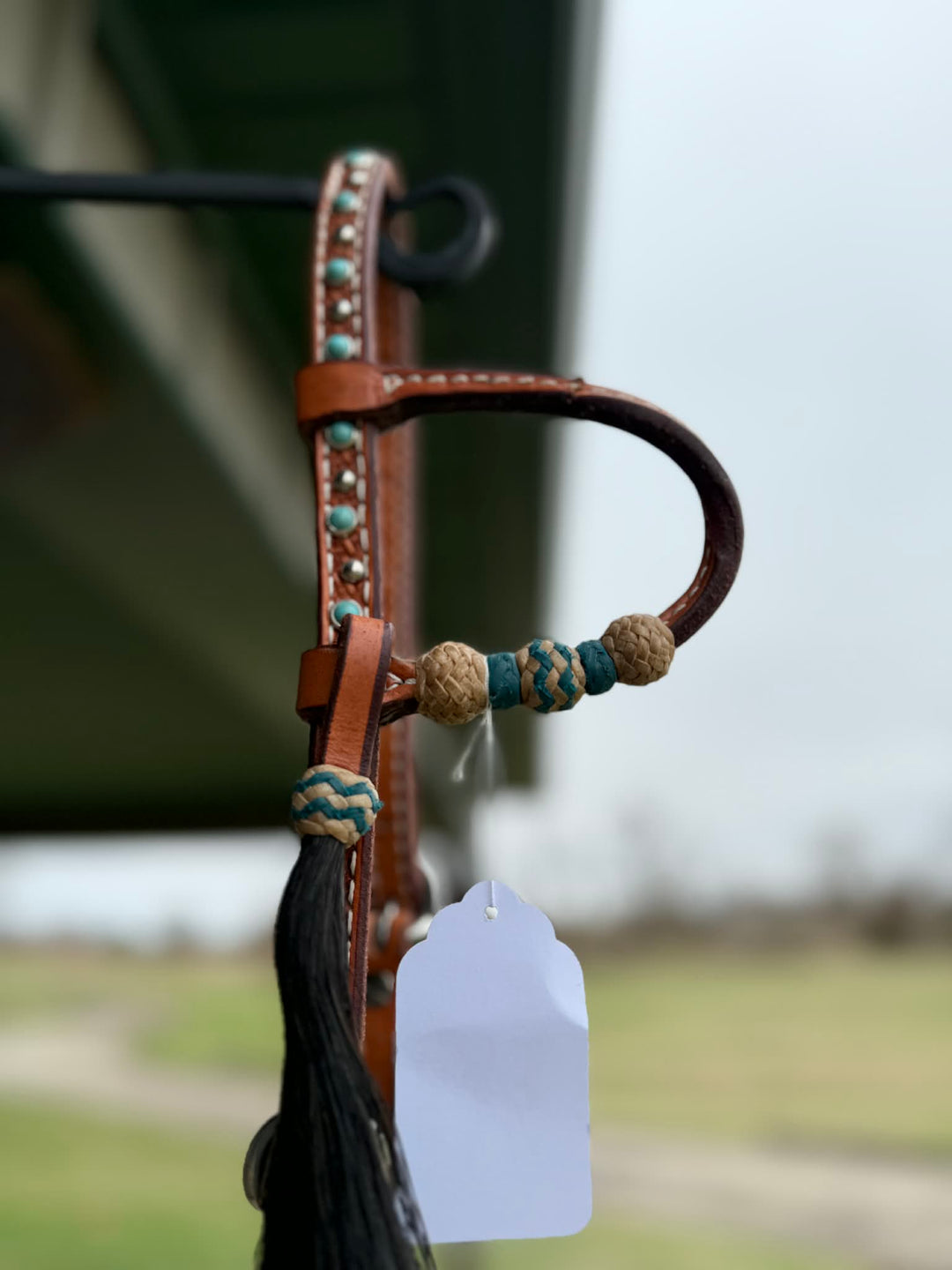 Dutton Bits Medium Oiled Basket Stamp Slip Ear Headstall with Turquoise Rawhide Knot Accents