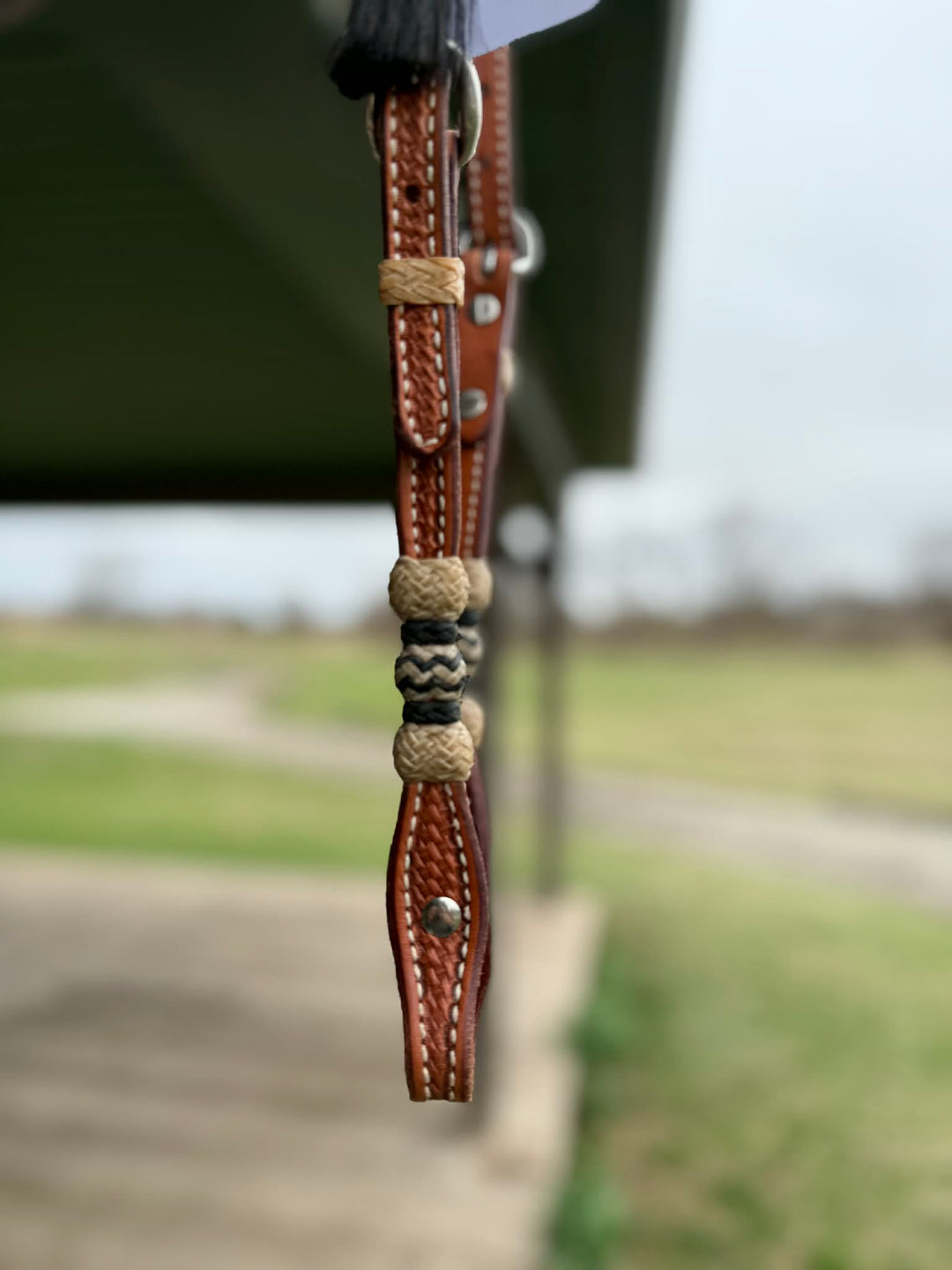 Dutton Bits Medium Oiled Basket Stamp Slip Ear Headstall with Rawhide Knots and Black Accents