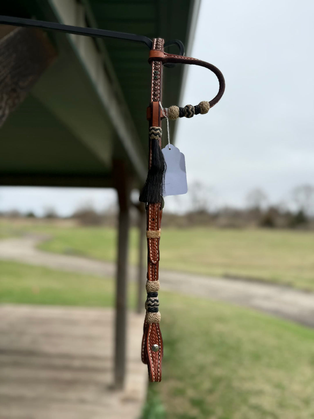 Dutton Bits Medium Oiled Basket Stamp Slip Ear Headstall with Rawhide Knots and Black Accents