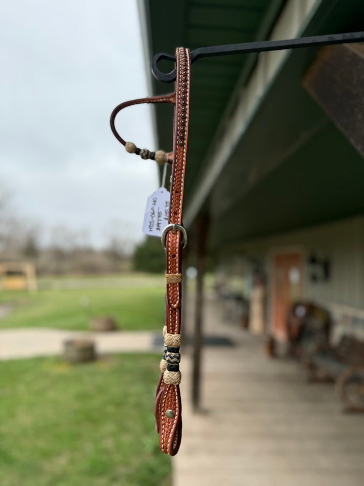 Dutton Bits Medium Oiled Basket Stamp Slip Ear Headstall with Rawhide Knots and Black Accents